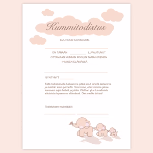 Kummitodistus A4 - Persikan väriset norsut - Itse tulostettava - Design ByO