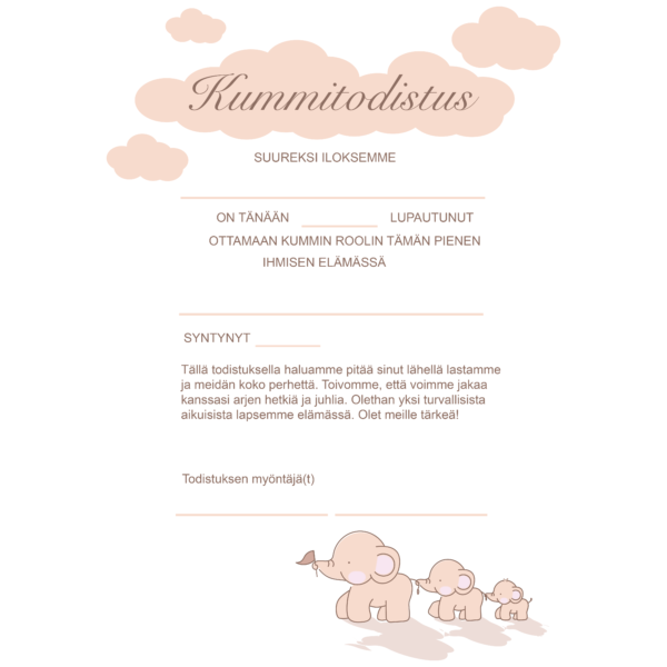 Kummitodistus A4 - Peach norsut - Itse tulostettava - Design ByO