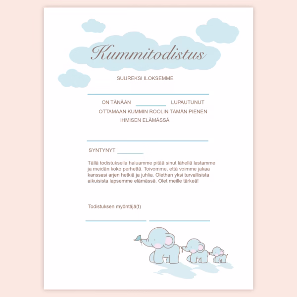Kummitodistus A4 - Siniset norsut - Itse tulostettava - Design ByO
