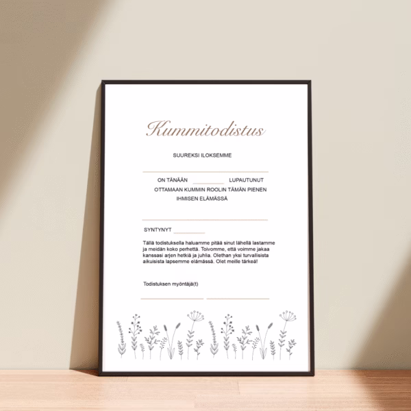 Kummitodistus A4 - Minimalistiset kukat - Itse tulostettava - Design ByO