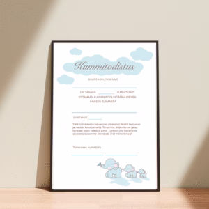 Kummitodistus A4 - Siniset norsut - Itse tulostettava - Design ByO