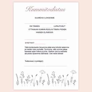 Kummitodistus A4 - Minimalistiset kukat - Itse tulostettava - Design ByO