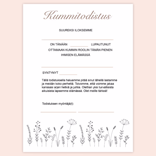 Kummitodistus A4 - Minimalistiset kukat - Itse tulostettava - Design ByO