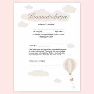 Kummitodistus A4 - Kuumailmapallo - Itse tulostettava - Design ByO