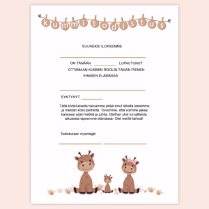 Kummitodistus A4 - Kirahvit - Itse tulostettava - Design ByO
