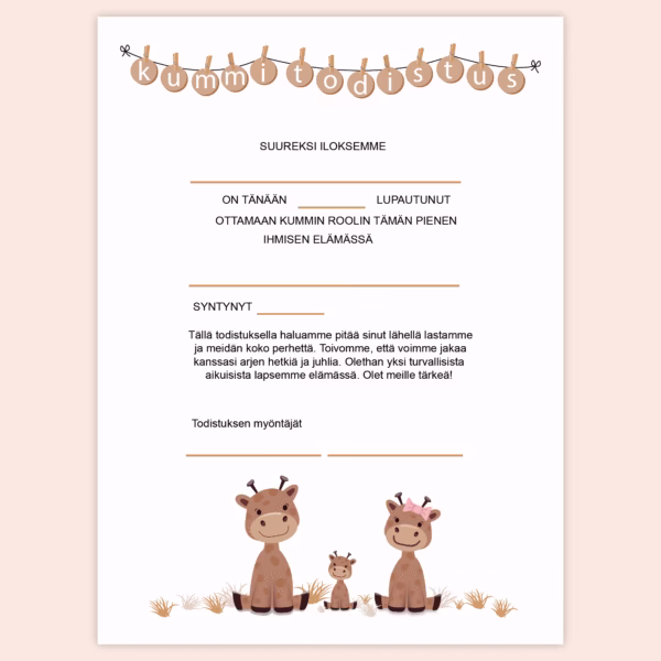 Kummitodistus A4 - Kirahvit - Itse tulostettava - Design ByO