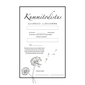 Kansikuva Kummitodistus A4 - Voikukka - Itse tulostettava - Design ByO