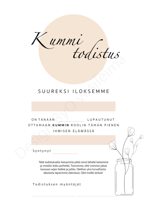 Kummitodistus A4 - Kukat lasipurkissa - Itse tulostettava - Design ByO