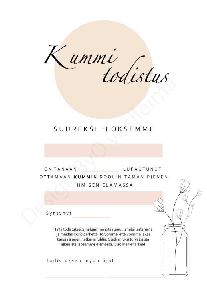 Itse Tulostettava Kummitodistus A4 Kukat Lasipurkissa