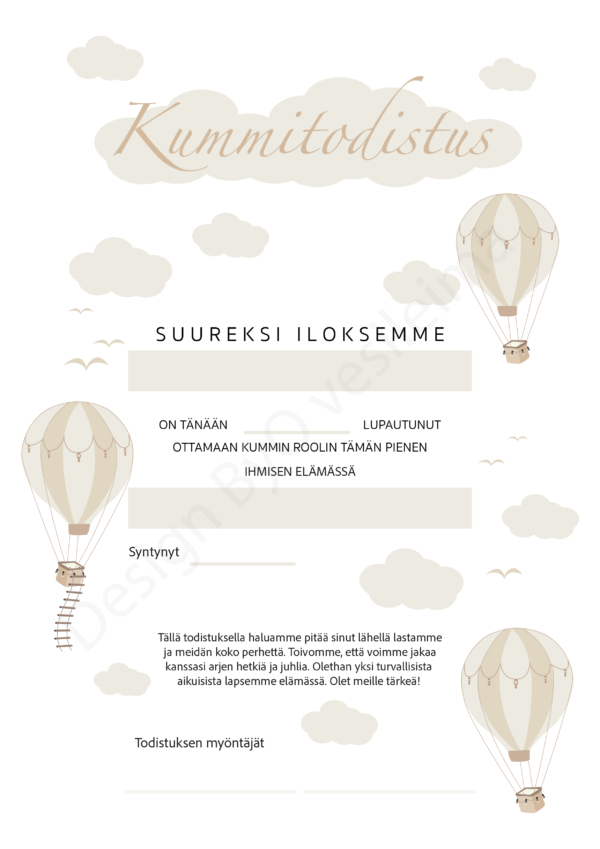 Kummitodistus A4 - Kuumailmapallot Beige - Itse tulostettava - Design ByO