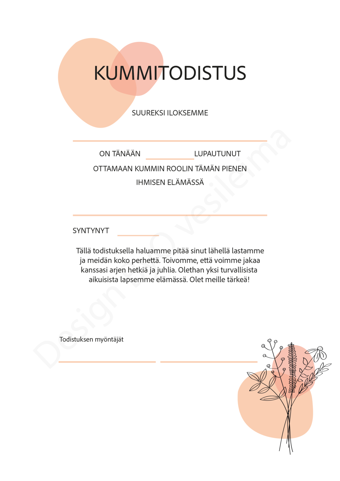Itse Tulostettava Kummitodistus A4 Minimalistinen Kukkakimppu