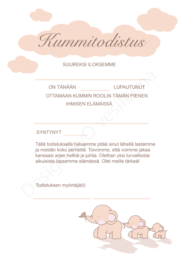 Kummitodistus A4 - Peach norsut - Itse tulostettava - Design ByO