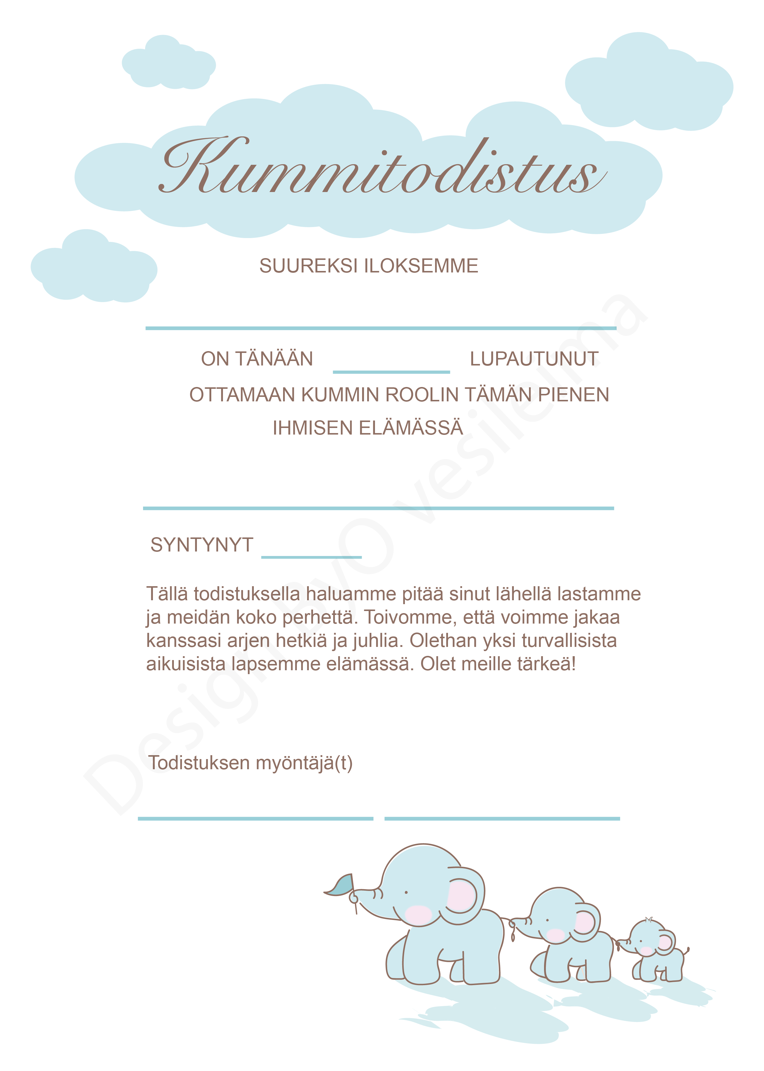 Kummitodistus A4 Siniset Norsut Itse Tulostettava Design ByO