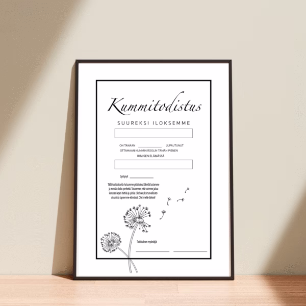 Kummitodistus A4 - Voikukat - Itse tulostettava - Design ByO
