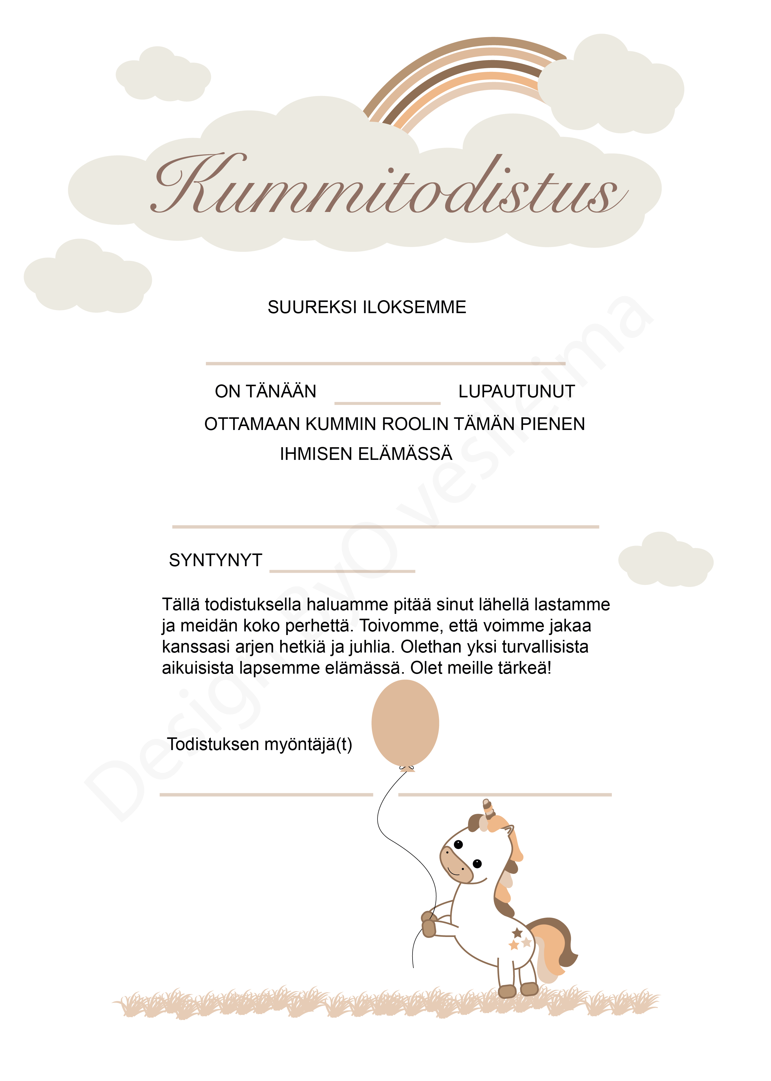 Itse Tulostettava Kummitodistus A4 Yksisarvinen