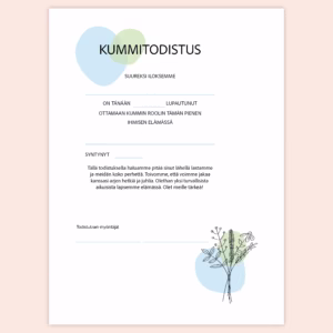 Kummitodistus A4 - Kukkakimppu sin - Itse tulostettava - Design ByO