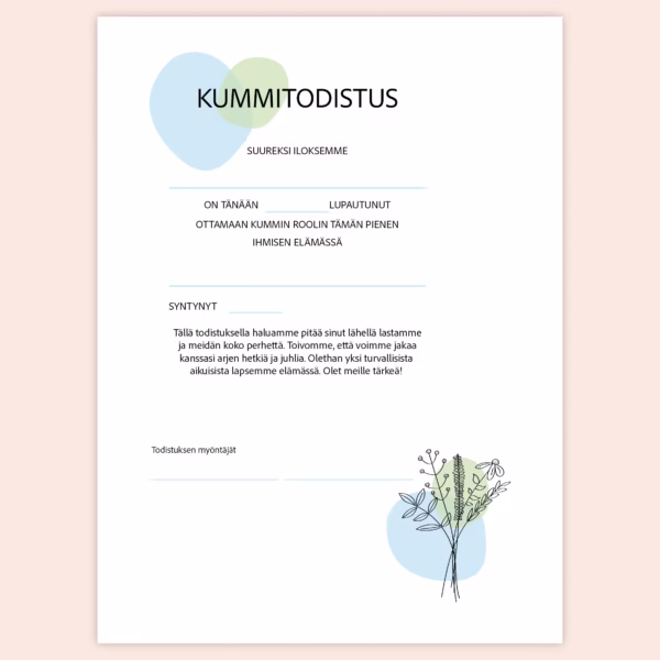 Kummitodistus A4 - Kukkakimppu sin - Itse tulostettava - Design ByO