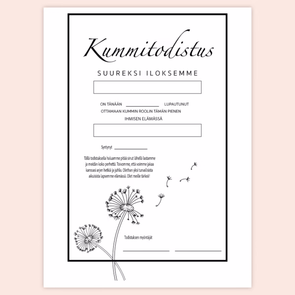Kummitodistus A4 - Voikukat - Itse tulostettava - Design ByO