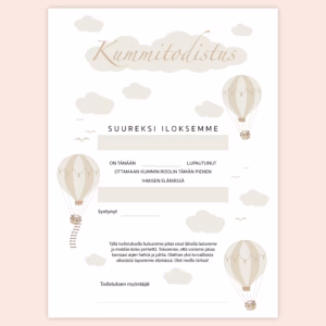 Kummitodistus A4 - Kolme kuumailmapalloa beige - Itse tulostettava