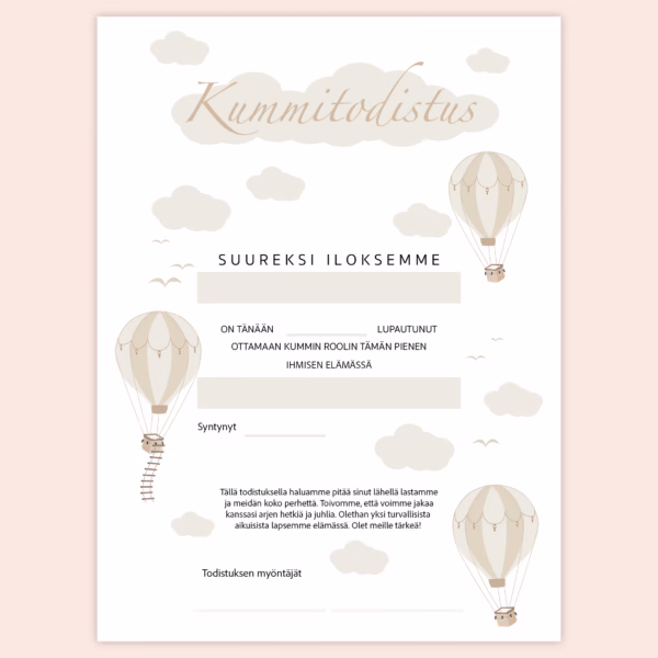 Kummitodistus A4 - Kolme kuumailmapalloa beige - Itse tulostettava