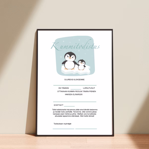 Kummitodistus A4 - Pingviinit - Itse tulostettava - Design ByO