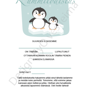 Kummitodistus A4 - Pingviinit - Itse tulostettava - Design ByO