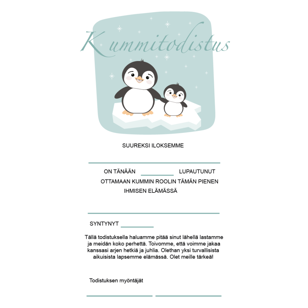 Itse Tulostettava Kummitodistus A4 Pingviinit