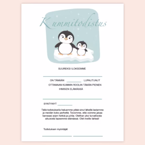 Kummitodistus A4 - Pingviinit - Itse tulostettava - Design ByO
