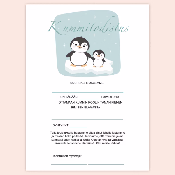 Kummitodistus A4 - Pingviinit - Itse tulostettava - Design ByO