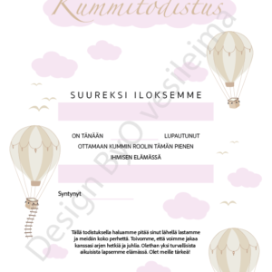 Kummitodistus A4 - Kolme kuumailmapalloa pun. - Itse tulostettava - Design ByO