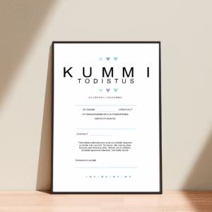 Kummitodistus A4 - Kolme sydäntä sin - Itse tulostettava - Design ByO