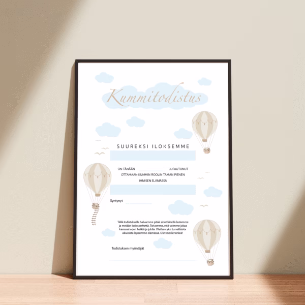 Kummitodistus A4 - Kuumailmapallot sin - Itse tulostettava - Design ByO