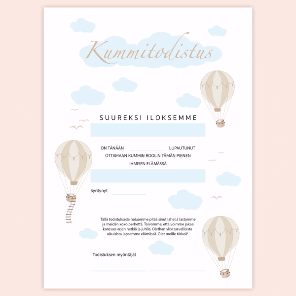 Kummitodistus A4 - Kolme kuumailmapalloa SIN - Itse tulostettava - Design ByO