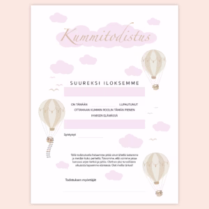 Kummitodistus A4 - Kolme kuumailmapalloa PUN - Itse tulostettava - Design ByO