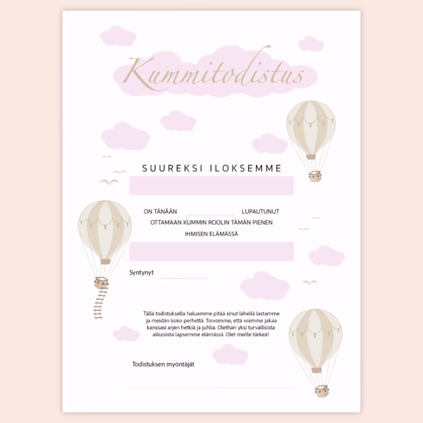 Kummitodistus A4 - Kolme kuumailmapalloa PUN - Itse tulostettava - Design ByO