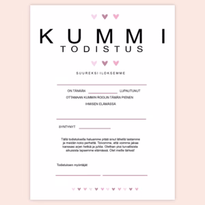 Kummitodistus A4 - Kolme sydäntä pun - Itse tulostettava - Design ByO