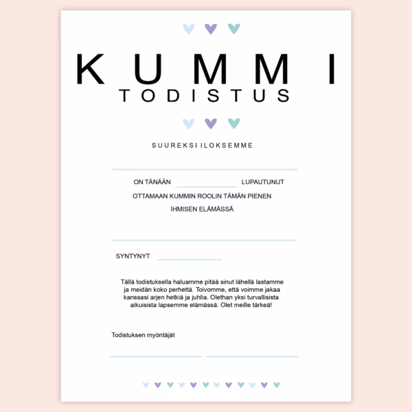 Kummitodistus A4 - Kolme sydäntä SIN - Itse tulostettava - Design ByO
