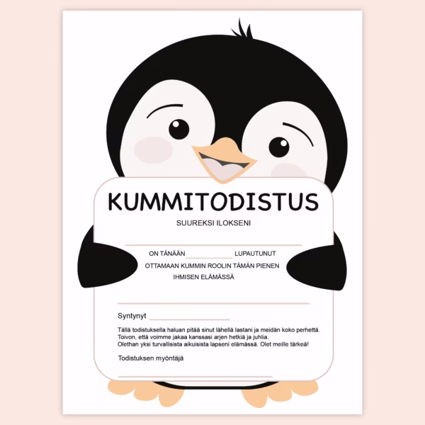 Kummitodistus A4 - Pingviini - Itse tulostettava - Design ByO