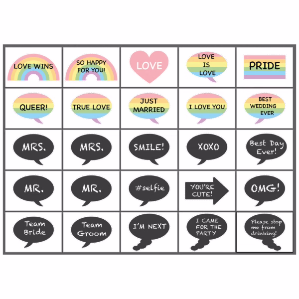 Photo booth puhekuplat häihin pride- ja liitutauluteema