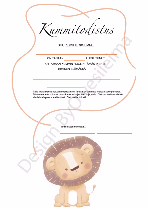 Kummitodistus A4 - Leijona - Itse tulostettava - Design ByO