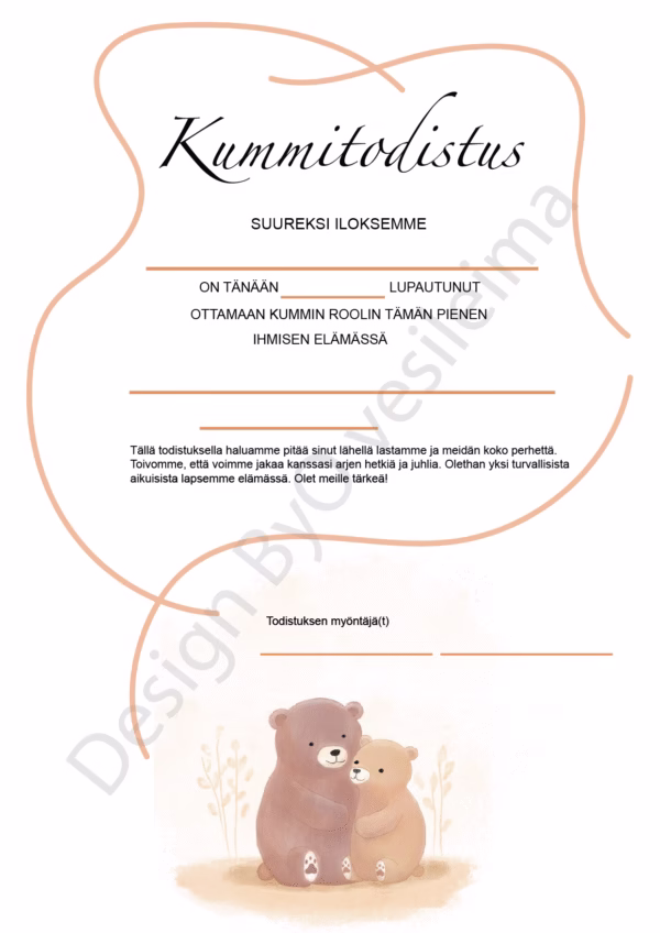 Kummitodistus A4 - Kaksi nallea - Itse tulostettava - Design ByO