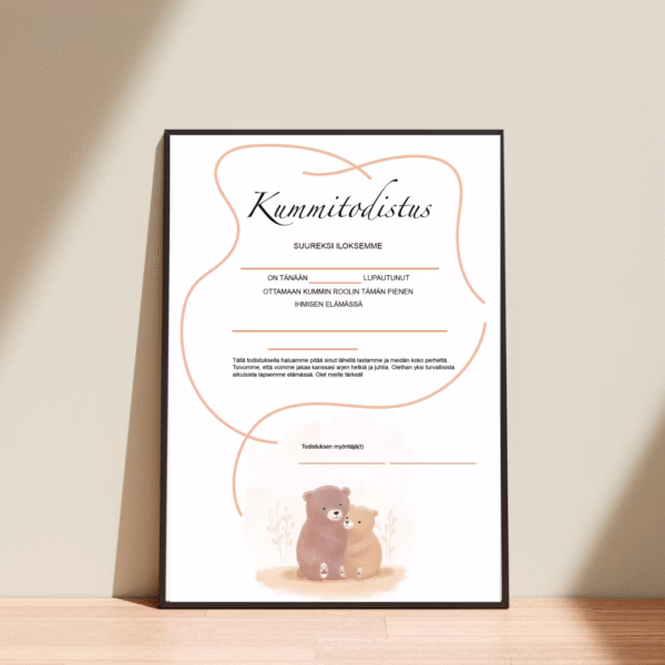 Kummitodistus A4 - Kaksi nallea - Itse tulostettava - Design ByO