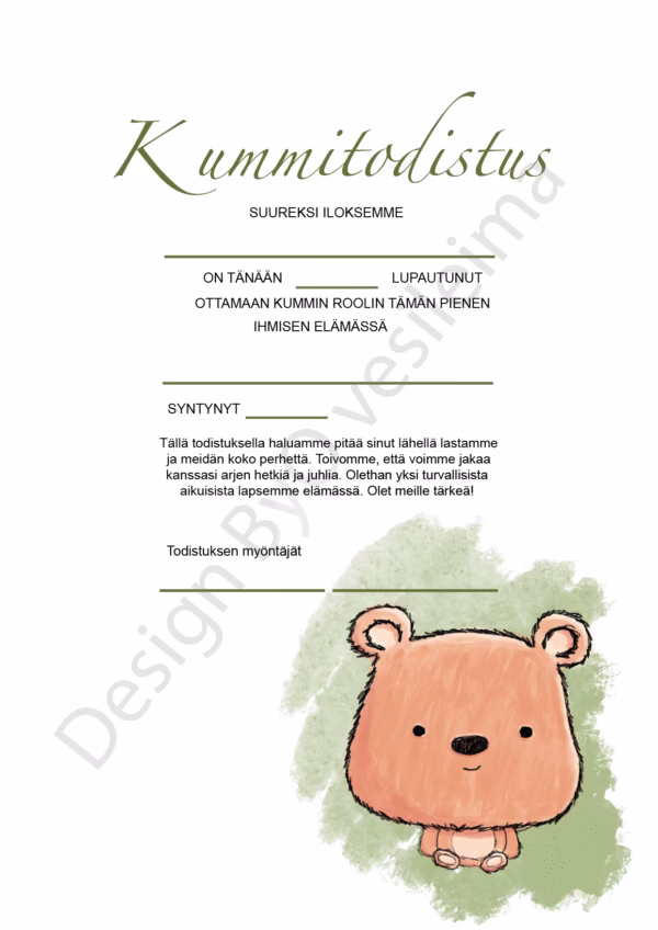 Kummitodistus A4 - Nalle - Itse tulostettava - Design ByO