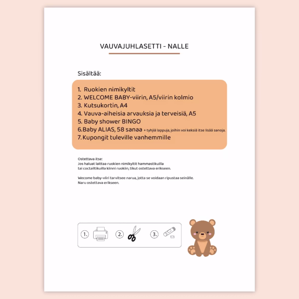 Baby shower - Vauvajuhlasetti NALLE - Design ByO