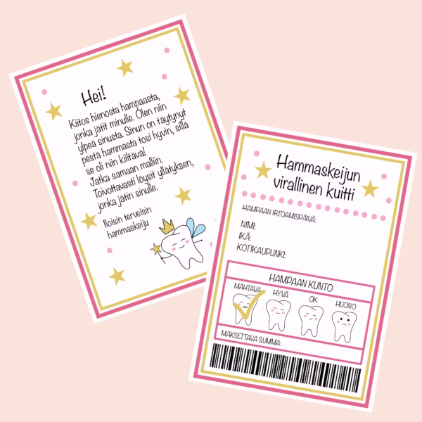 Postia hammaskeijulta - Pinkki - kirje ja kuitti - Design ByO