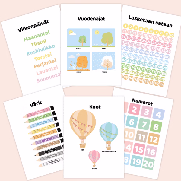 Oppimisjulisteet A4 PDF - viikonpäivät, numerot, koot, värit, vuodenajat