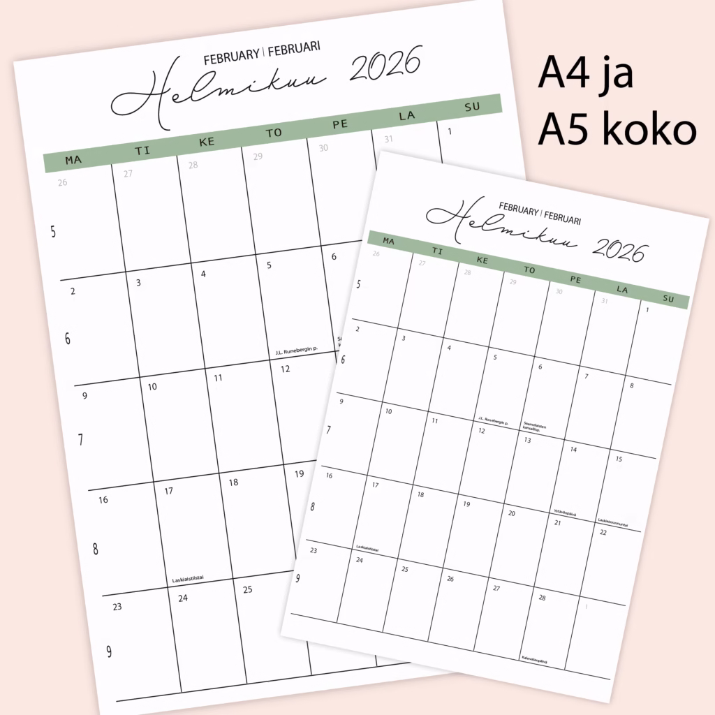 RUUDUKKO seinäkalenteri 2026 - Oliivin vihreä - A4 ja A5