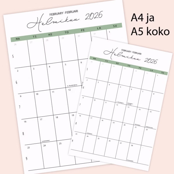 RUUDUKKO seinäkalenteri 2026 - Oliivin vihreä - A4 ja A5