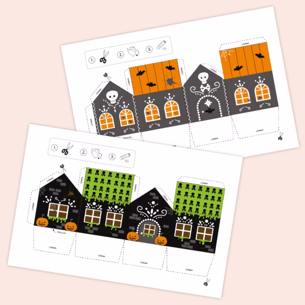 Askarreltava paperikylä - Halloween - talot - Halloween askartelu - leikkaa - liimaa - väritä