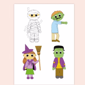 Halloween värityskuvat muumio noita zombi frankensteinen hirviö